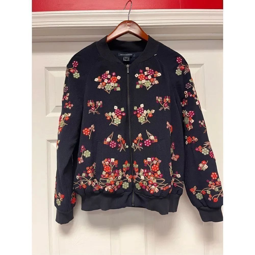 French Connection Navy Embroidered Applique Zip Up Jacket sz 12 NWOT